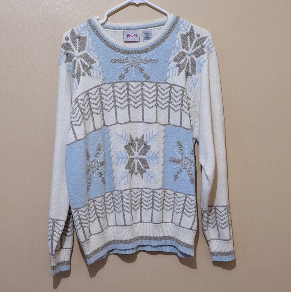 Vintage Tan Jay Embroidered Winter Snowflake  Pullover Sweater